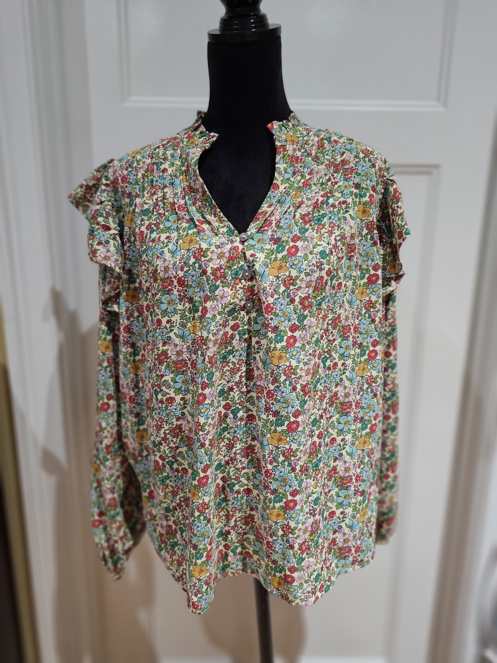 entro Floral Ruffle-Sleeve V-Neck Blouse - Multicolor, NWT